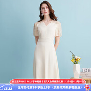 愛(ài)特愛(ài)（EITIE）舒適醋纖蕾絲鏤空裙子收腰V領(lǐng)顯瘦通勤連衣裙夏季新款7407113 杏仁白12 2XL 175