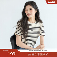 伊芙麗（eifini）【經(jīng)典延續】伊芙麗簡(jiǎn)約撞色字母繡花條紋純棉休閑百搭短袖T恤女 本白色 S /155/80A/