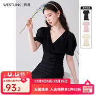 西遇V領(lǐng)泡泡袖連衣裙女2025年早夏新款法式褶皺收腰修身包臀裙子 黑色 XL