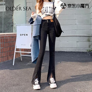 OLDER SEA黑色開(kāi)叉高腰牛仔褲女秋季2025新款顯瘦小個(gè)子馬蹄微喇叭褲子女 黑色 XL 建議120-135斤