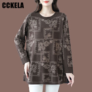 CCKELA中年媽媽裝秋冬加肥加大碼羊毛打底衫A版寬松遮肚時(shí)尚印花針織衫 咖色 S 適合88-92斤