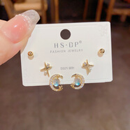 恒久葉S925銀針微鑲鋯石短款耳環(huán)短發(fā)耳飾日韓氣質(zhì)百搭簡(jiǎn)約三件套耳釘女 100#金色-鋯石星月彩珠三對裝(加厚真金電鍍)