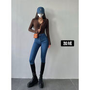 YoungGirlDay歐美高腰緊身顯瘦提臀彈力加絨加厚小腳牛仔褲鉛筆褲 中藍色加絨 XS XS