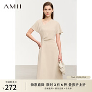 AMII女裝2025夏季新款斜V領(lǐng)不對稱(chēng)短袖收腰連衣裙女小黑裙中 冷杏色 M 160/84A