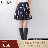 SNIDEL2025秋冬新品甜美高腰花朵印花半身裙百褶短裙SWFS254334 深藍 M (1)