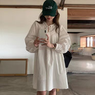 韓國chic秋季溫柔氣質(zhì)半開(kāi)領(lǐng)系帶拼接蕾絲花邊小個(gè)子寬松連衣裙女 白色 M M