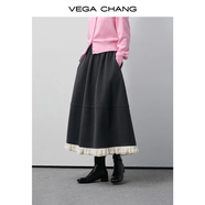 VEGA CHANG大裙擺半身裙2026新款春季撞色荷葉邊寬松長(cháng)裙 炭灰色 M