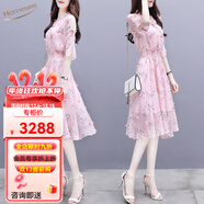 Homesee輕奢國際高檔品牌連衣裙女裝韓版時(shí)尚顯瘦收腰流行碎花大擺裙雪紡 粉色 花瓣連衣裙 M