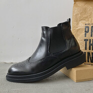 威世米邦（WEISHIMIBANG）黑色男靴馬丁靴男士高幫休閑春季時(shí)尚切爾西短靴舒適布洛克皮靴子 黑色加絨 39