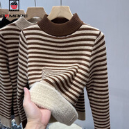 AEMAPE半高領(lǐng)毛衣女間色條紋新款一體絨2025秋冬季加絨加厚套頭針織衫女 咖啡色一體絨 2XL 130-140斤