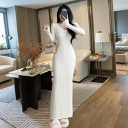 依樂(lè )琦歐美長(cháng)袖褲打底裙子女秋冬季v領(lǐng)氣質(zhì)顯瘦內搭 米白色【商城版】 S