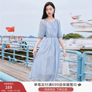 香影溫柔風(fēng)粉色連衣裙女2025夏季新款超好看五分袖海邊度假沙灘裙 藍色 XL