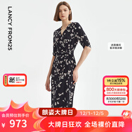 朗姿法式碎花復古設計感黑色連衣裙新款長(cháng)裙夏季高級感裙子女 黑色3 L