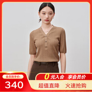 敦奴（DUNNU）dunnu敦奴2024夏季新款顯瘦正肩法式V領(lǐng)坑條針織衫女 駝色 L
