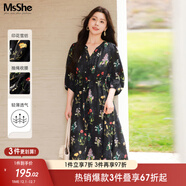 MsShe雪紡收腰碎花連衣裙大碼女裝2025秋裝胖mm巨顯瘦連衣裙子 【七分袖】雪紡連衣裙-黑色現貨 4XL