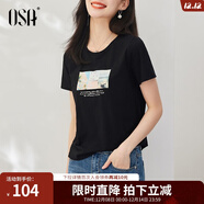 歐莎（OSA）白色短款T恤女士夏季新款衣服短袖印花顯瘦正肩上衣體恤修身 黑色 L