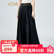 VOA真絲雙縐撞料拼接自然腰隱形側拉黑色褶皺百搭長(cháng)款半身裙 CE151 黑暗來(lái)襲(B13) L