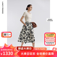 朗姿雙色針織拼接撞色印花連衣裙2025年夏季新款a字高腰碎花裙 白色 2XL