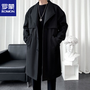 羅蒙（ROMON）中長(cháng)款風(fēng)衣男單排扣翻領(lǐng)大衣秋冬款拼接外穿上衣時(shí)尚帥氣防寒披風(fēng) 黑色 XL