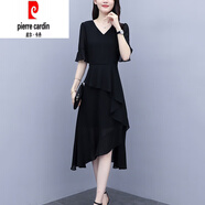 皮爾卡丹（pierre cardin）雪紡連衣裙子女裝夏裝2026年夏季新款顯瘦氣質(zhì)洋氣長(cháng)裙 黑色 XL (110-120斤)
