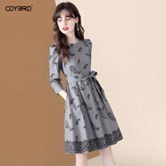 歐迪鳥(niǎo)（ODYBIRD）名媛氣質(zhì)印花連衣裙女2025秋季新款系帶收腰顯瘦小個(gè)子A字裙 灰色 S