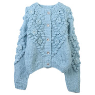 毛衣溫柔2023秋冬新款女裝圓領(lǐng)長(cháng)袖手鉤百搭寬松棒針針織開(kāi)衫外套 17773藍色 S