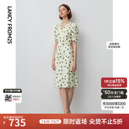 朗姿氣質(zhì)V領(lǐng)復古波點(diǎn)印花泡泡袖連衣裙年春新款法式中長(cháng)款裙子 米白色 2XL