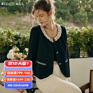Olrain歐芮兒黑色短外套初秋新款法式名媛娃娃領(lǐng)花邊領(lǐng)外套 黑色 XL