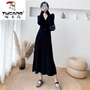 啄木鳥(niǎo)羊·毛絨連衣裙2025新款秋冬收腰打底長(cháng)袖中長(cháng)款毛衣裙過(guò)膝抖音女 黑色 M 95-110斤