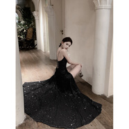 “海底星河”成人禮畢業(yè)晚禮服生日宴會(huì )拖地吊帶長(cháng)裙亮片裙連衣裙 新款黑色 L