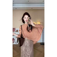 慵懶風(fēng)馬海毛蝙蝠袖毛衣女秋季2025新款韓系高級感軟糯針織衫上衣 粉橘色 XXS S