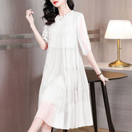 韓版寬松裙雪紡連衣裙女2024新款夏季媽媽裝飄逸仙氣大擺裙子 白色 M M建議90-110斤
