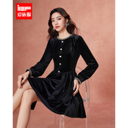 IEF/愛(ài)依服2025秋冬新款天鵝絨連衣裙女優(yōu)雅氣質(zhì)千金風(fēng)miu系穿搭 黑 M