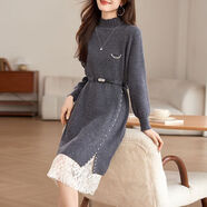 AEMAPE秋冬新款韓版蕾絲針織連衣裙女洋氣減齡本命年紅色毛衣裙大碼內搭 灰色 L