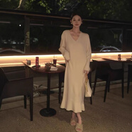 NACJOM高級感輕奢法式小香風(fēng)針織連衣裙女秋冬長(cháng)袖超好看寬松顯瘦打底內 白色【V領(lǐng)連衣裙冬天配大衣的裙子正式場(chǎng)合氣質(zhì)名媛高 S