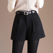 魔之韻秋冬新款女士毛呢短褲時(shí)尚氣質(zhì)百搭高腰修身顯瘦短褲子厚瘦腿9020 黑色【送腰帶】 2XL 【131-145斤左右】