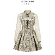 LULUALWAYS【商場(chǎng)同款】24秋季新款復古公主風(fēng)高腰顯瘦印花連衣裙 米白色 L