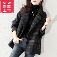 東方鴨格子西裝毛呢外套女25秋季新款韓版寬松復古格紋毛呢大衣中長(cháng)款職 墨綠色【不加棉】 L 建議115-130斤