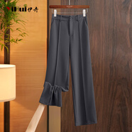 伊卉（YIHUI）可定制卡其色西裝闊腿褲女春秋2025新款高腰顯瘦長(cháng)褲子垂感直筒褲 灰色 S