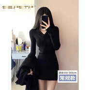 夏典素訂女王（SE.PSTP）加厚加絨法式針織拉鏈連衣裙秋冬款純欲辣妹修身毛衣包臀短裙子 黑色V領(lǐng)(常規款)官方質(zhì)量 S 建議80-95 斤