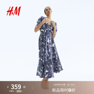 H&M女裝2025秋季新款印花斜紋布短袖泡泡袖V領(lǐng)喇叭形連身裙1297789 白色/藍色花卉 XL 175/116