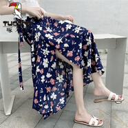 啄木鳥(niǎo)一片式中長(cháng)款碎花2025夏不規則女綁帶新款沙灘裹裙半身裙春秋雪紡 四葉草 均碼