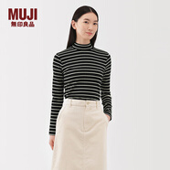無(wú)印良品（MUJI）女式 起毛羅紋編織半高領(lǐng)長(cháng)袖T恤 上衣打底衫女款內搭春秋女裝 黑色條紋 L （165/88A）