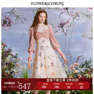 flowerscoming2024新款絲絨拼接蕾絲中長(cháng)款公主裙女網(wǎng)紗蝴蝶繡花珠片連衣裙修身 粉色 XL