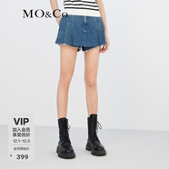 MO&Co.A字立體壓褶做舊須邊高腰棉質(zhì)牛仔不對稱(chēng)短褲裙褲褲子摩安珂 牛仔藍色 M 27