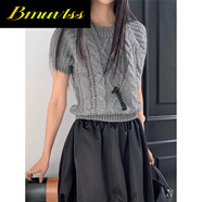 Bmuvlss復古麻花紋純色泡泡袖針織衫毛衣女2025秋季新款小眾百搭顯瘦上衣 灰色 灰色 均碼