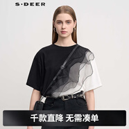 S.DEER圣迪奧夏季女裝個(gè)性百搭時(shí)尚圓領(lǐng)歐根紗撞色短袖T恤S252Z01012 黑色/91 L