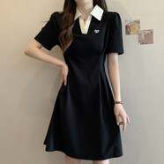 大尺碼黑色polo領(lǐng)洋裝女夏天穿搭巨好看的胖mm顯瘦高級感a字裙子 洋裝【高端精致/女神范/端莊大氣/梨形身材/微胖女 M