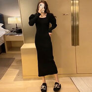 針織打底連衣裙女內搭秋冬季新款方領(lǐng)中長(cháng)款氣質(zhì)加厚毛衣長(cháng)裙過(guò)膝 黑色 【有開(kāi)衩】 S  80-95