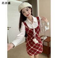 月半晴（YUEBANQING）學(xué)院風(fēng)假兩件拼接毛呢連衣裙女春冬收腰顯瘦紅色格子新年穿搭裙子 假兩件短裙 M 建議【100-110斤】